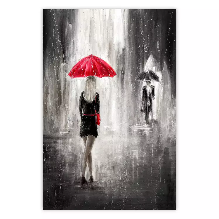 Rainy Encounter - black and white romantic landscape of a couple in the rain