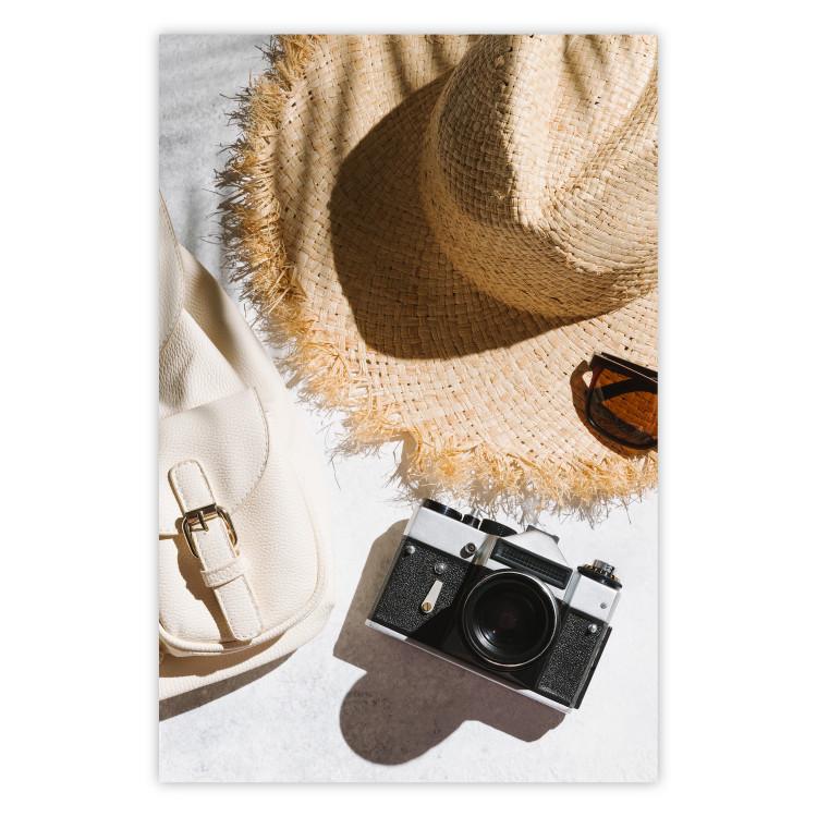 Poster Vacation Vibes - summer table composition with a hat and camera