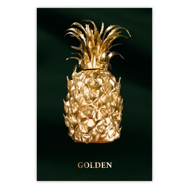 Poster Golden Exoticism - golden pineapple composition on a dark green background