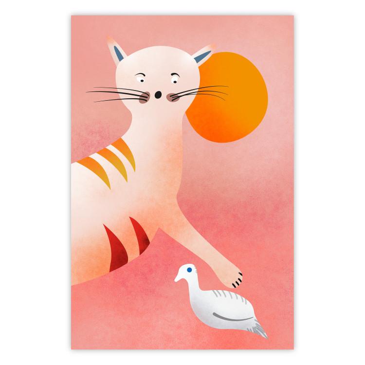 Poster Young Tiger - playful animal touching a bird on a red background