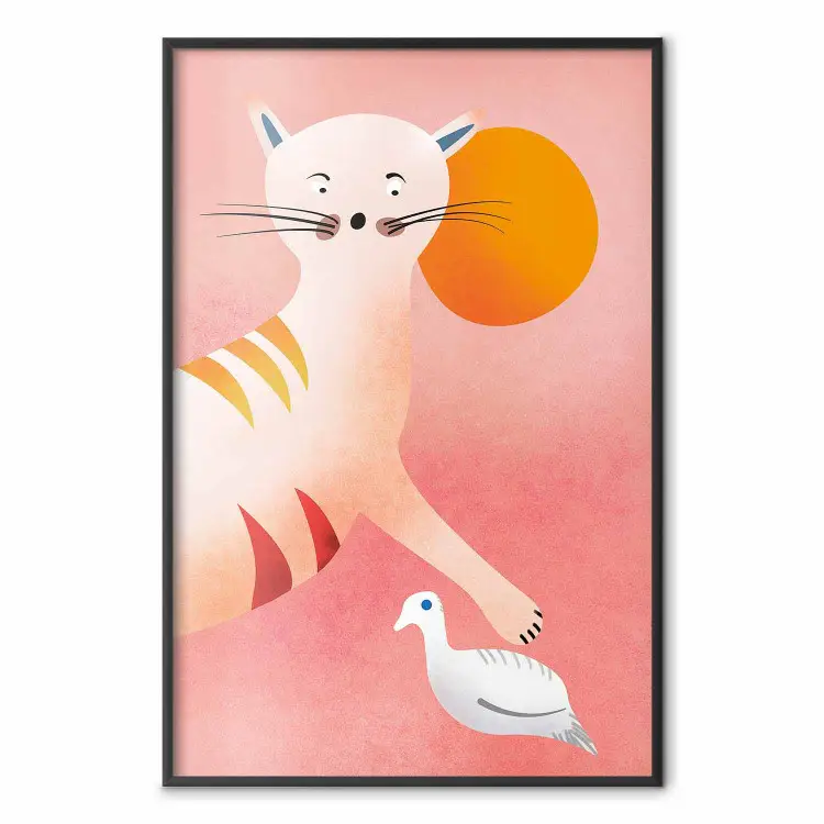 Young Tiger - playful animal touching a bird on a red background