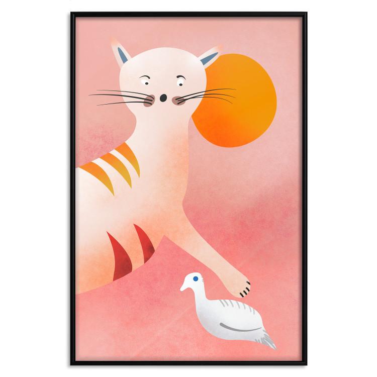 Poster Young Tiger - playful animal touching a bird on a red background
