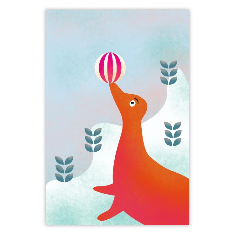 Poster Joyful Seal - playful animal with a colorful ball on a snowy hill
