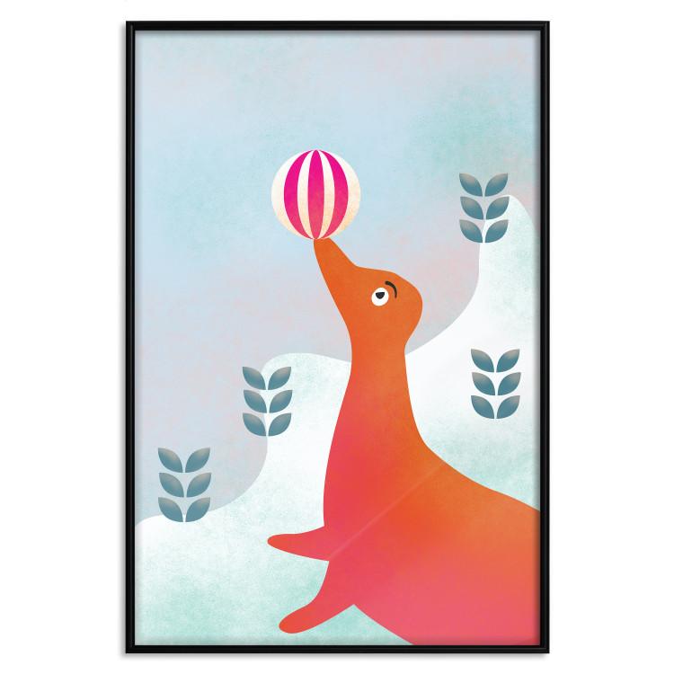Poster Joyful Seal - playful animal with a colorful ball on a snowy hill