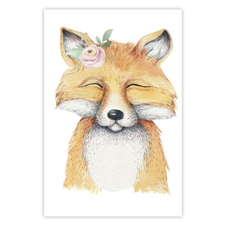 Poster Red Fox - portrait of a red fox with a flower on a contrasting background