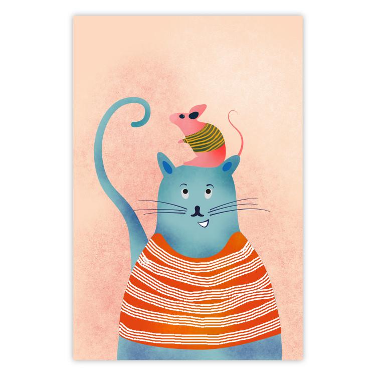 Poster Good Friends - funny blue cat and pink mouse on a light background