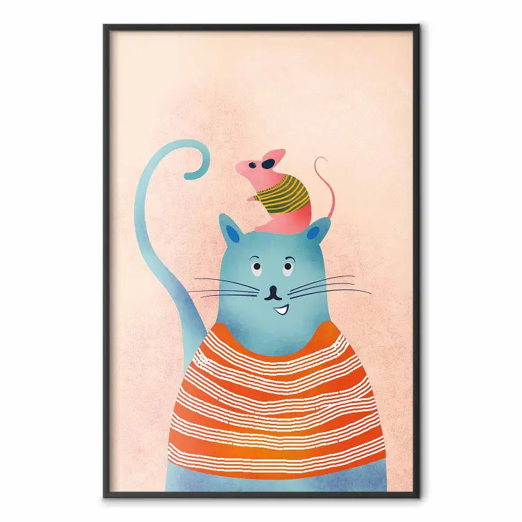 Good Friends - funny blue cat and pink mouse on a light background