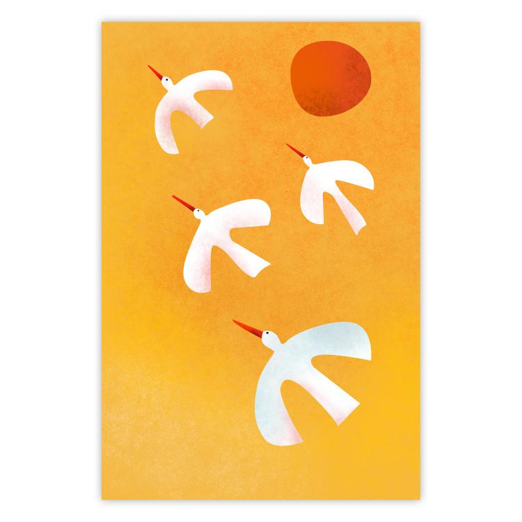 Poster Stork Games - four white flying animals against a yellow sky