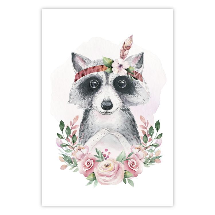 Poster Simon the Raccoon - natural composition of flowers and animals on a light background