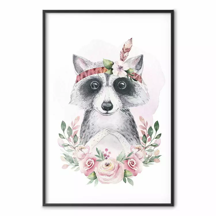 Simon the Raccoon - natural composition of flowers and animals on a light background