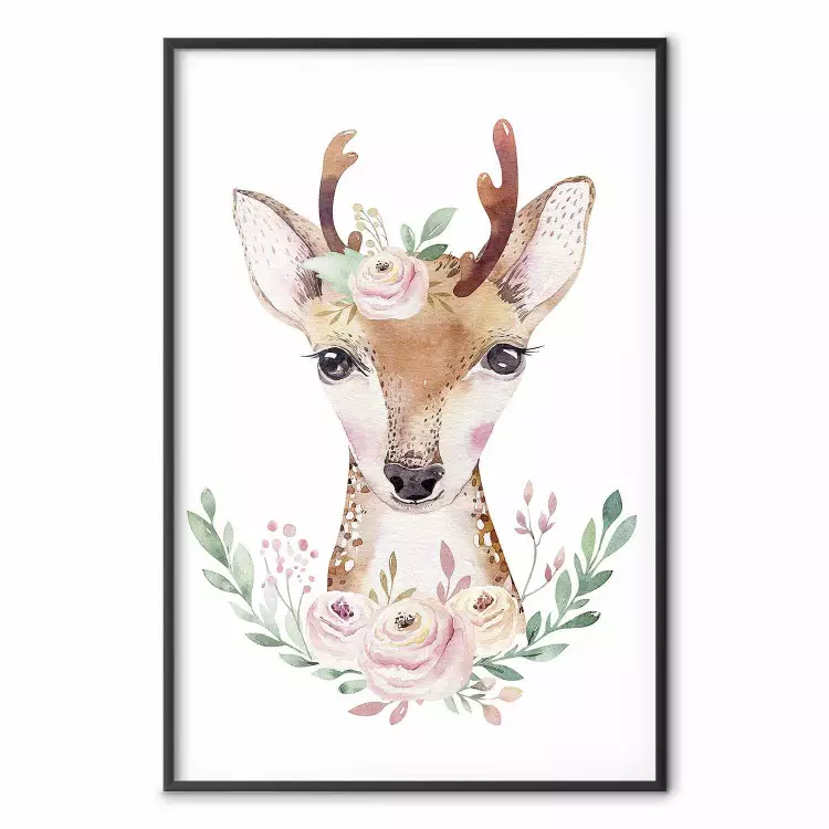 Julius the Deer - composition of pink flowers and a deer on a white background