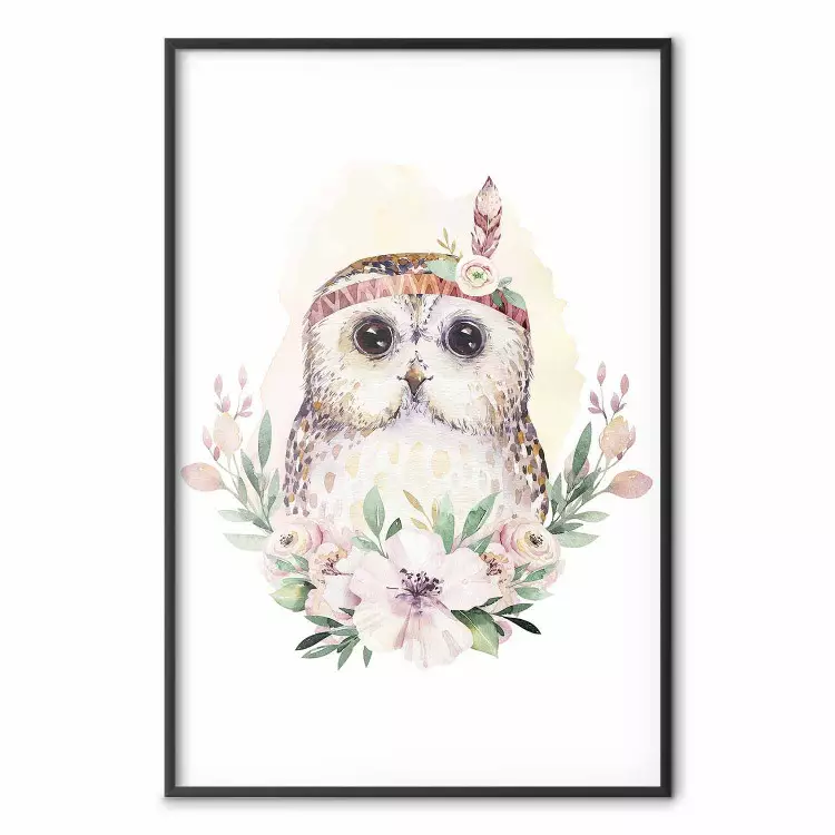 Sabina the Owl - plant composition of light flowers and an owl on a white background