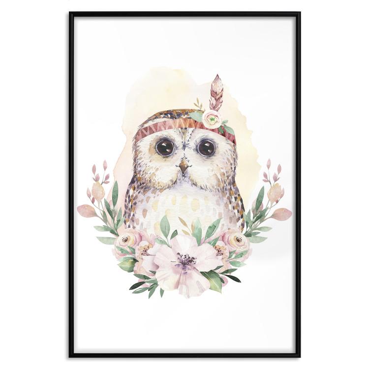 Poster Sabina the Owl - plant composition of light flowers and an owl on a white background