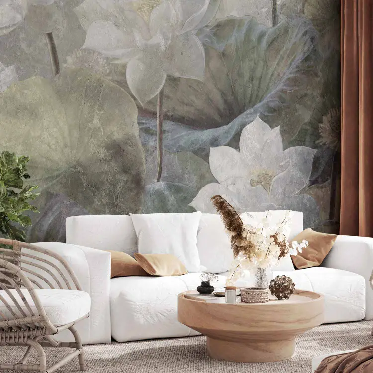 Water lotus flowers - retro floral motif landscape with leaves