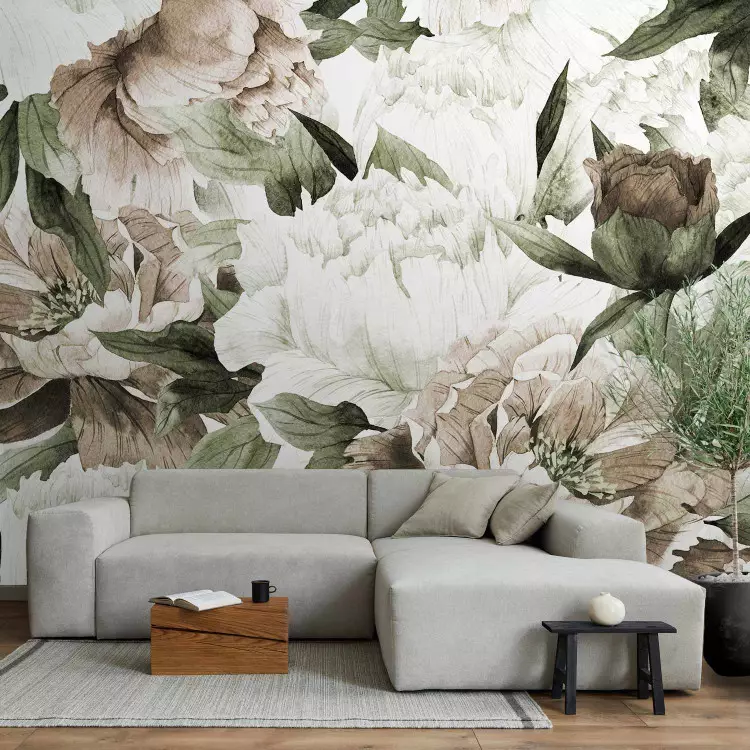 Flowers in bloom - floral motif composition with peonies and leaves