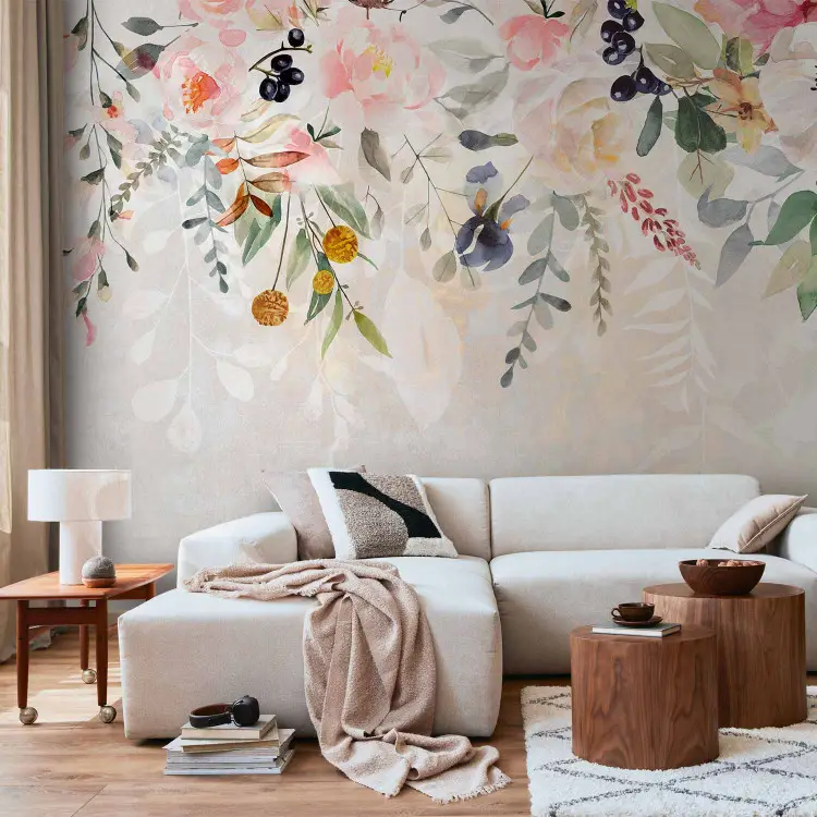 Spring Bloom - Colorful Flowers and Leaves on Branches on a Gray Background