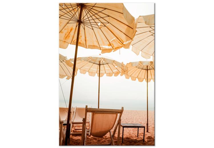 Canvas Print Beach umbrellas - Landscape with sand, sun loungers and Mediterranean