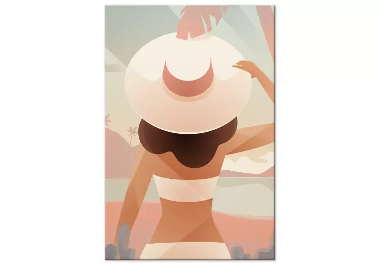 Canvas Print Girl in a hat on the beach - graphic with sea, woman and palm trees