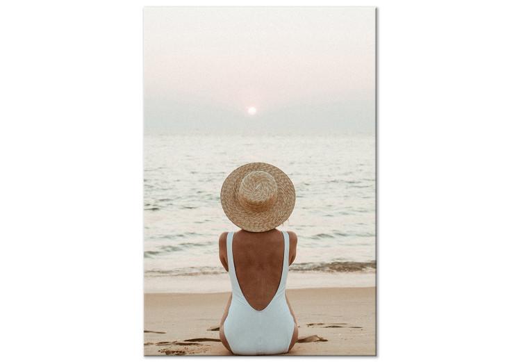 Canvas Print Woman in hat on the beach - Marine landscape with sunset
