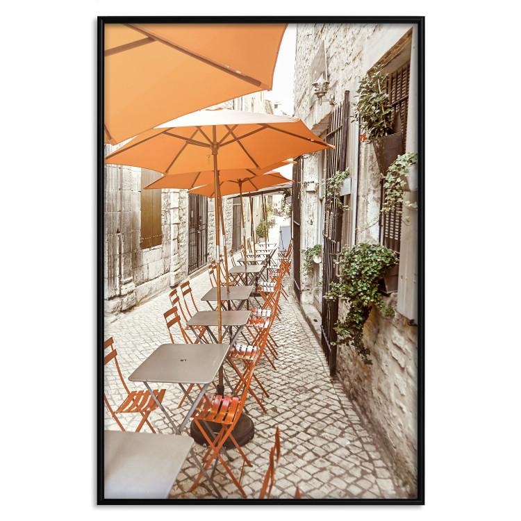 Poster Summer Morning - restaurant tables and street in an Italian town