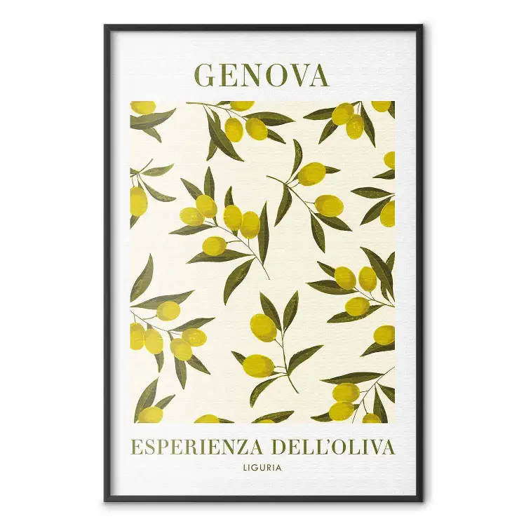 Ligurian Olives - simple composition with small fruits and Italian writings