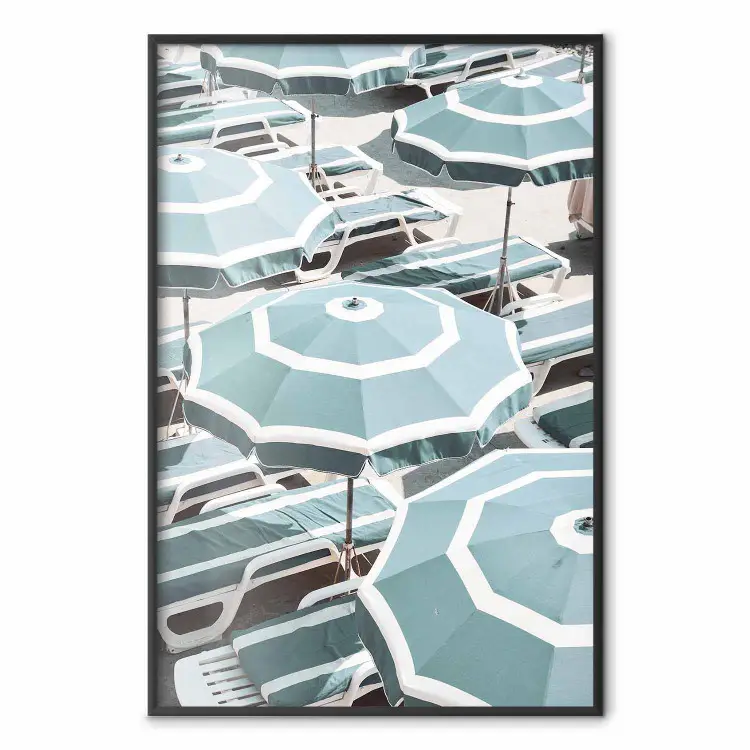 Turquoise Umbrellas - summer landscape of a sandy beach filled with sunbeds