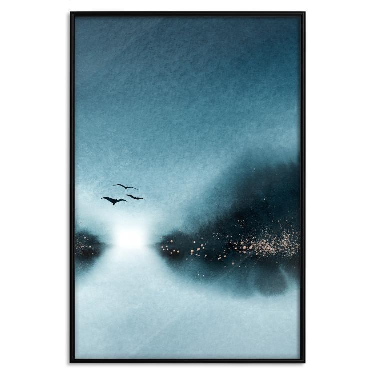 Poster Flight at Dawn - a landscape of the night sky and birds on a blue background