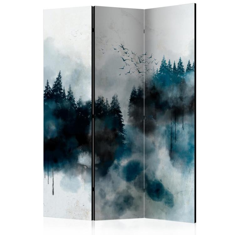 Room Divider Painted Mountains (3-piece) - landscape of forest trees and birds in the background