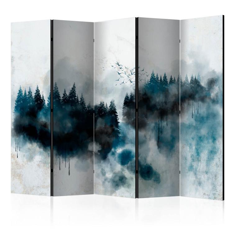 Room Divider Painted Mountains II (5-piece) - landscape of forest trees on a white background
