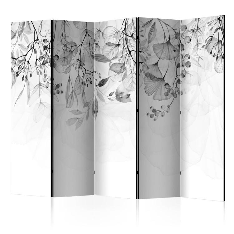 Room Divider Misty Nature - Gray II (5-piece) - Black and white pattern in plants