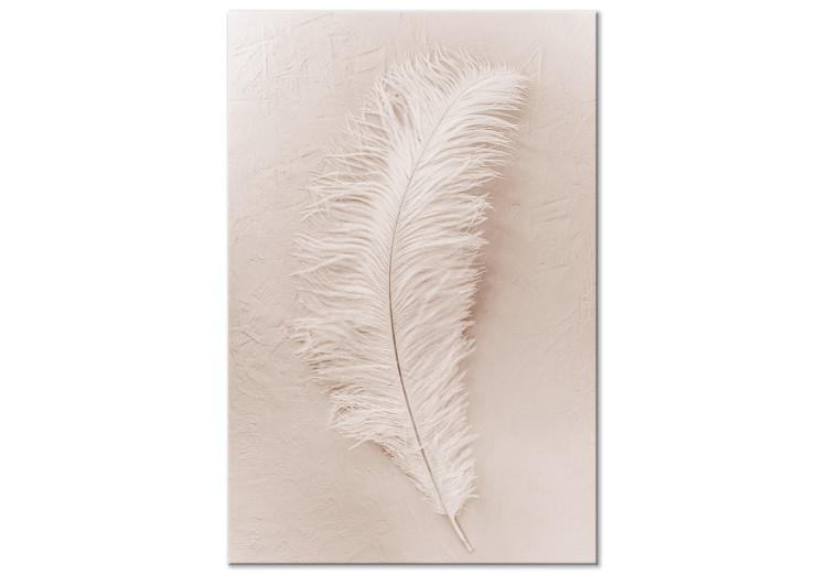 Canvas Print White feather on a beige counter - Scandi Boho style composition