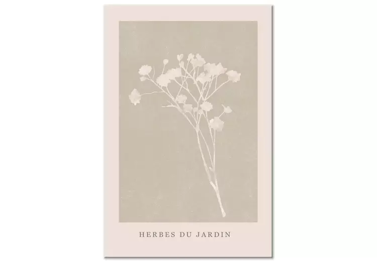 Canvas Print Herbs in the garden - twig on a beige background with the inscription