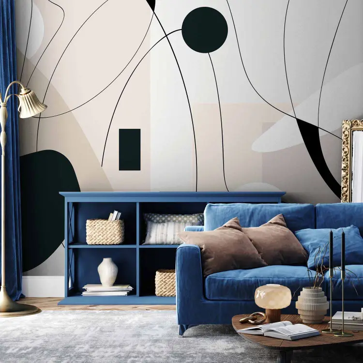 Waves of Shapes - Black Lines and Geometric Figures on a Beige Background