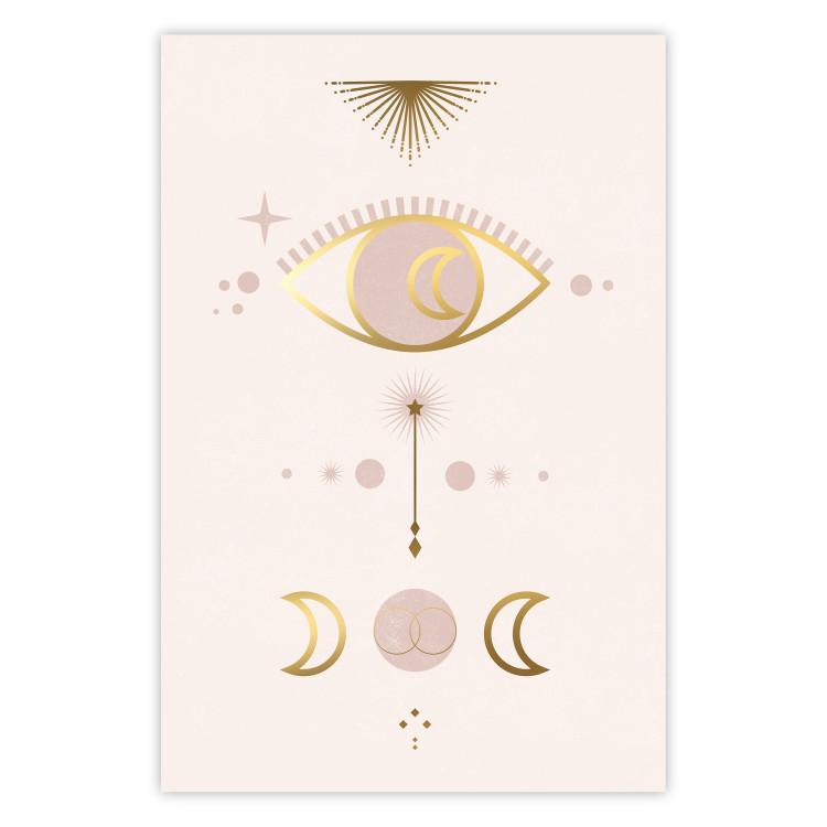 Poster Magical Evening - golden abstraction with moons and an eye on a light background