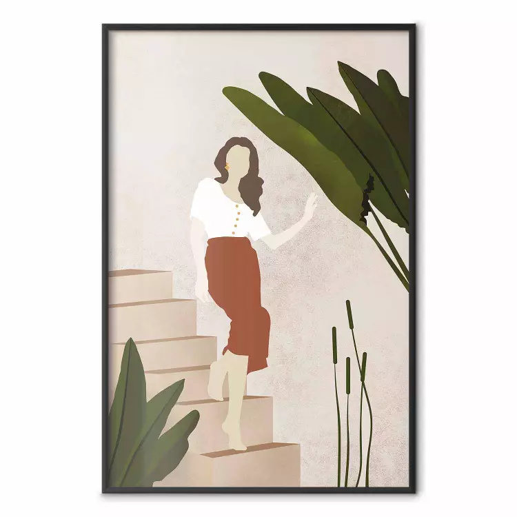 Beautiful Stranger - a beautiful woman descending stairs among plants
