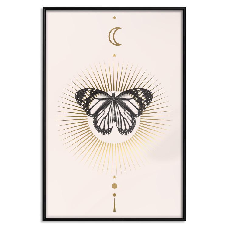 Poster Butterfly's Secret - black and white insect against pink and golden sun