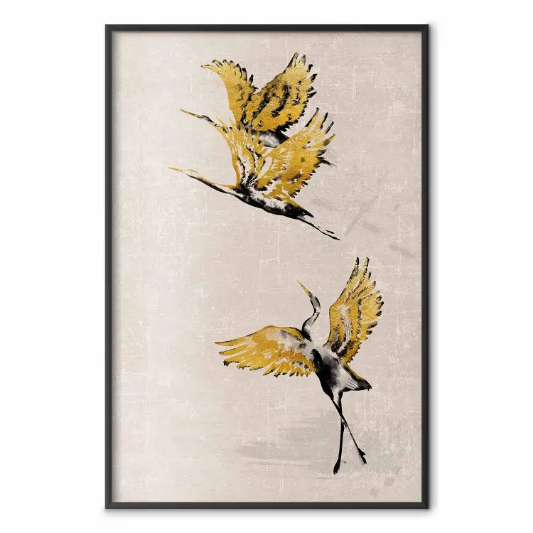 Golden cranes - birds flying away and beige background in scandi boho style