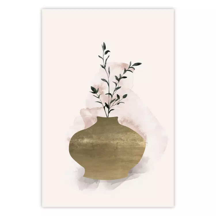 Golden Vase - a simple composition with green foliage in a vase on a beige background