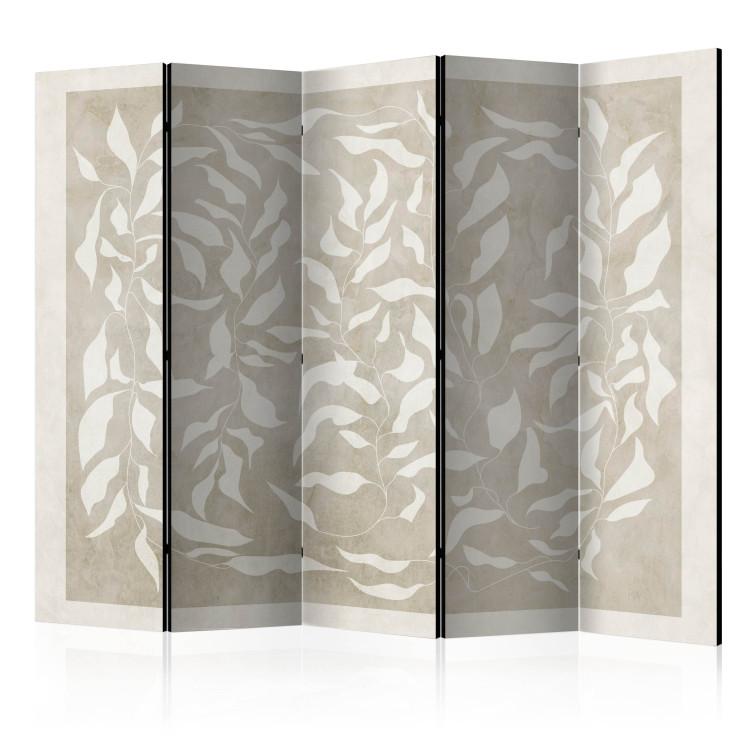 Room Divider Leafy Weave II (5-piece) - Abstraction in white plants on a beige background