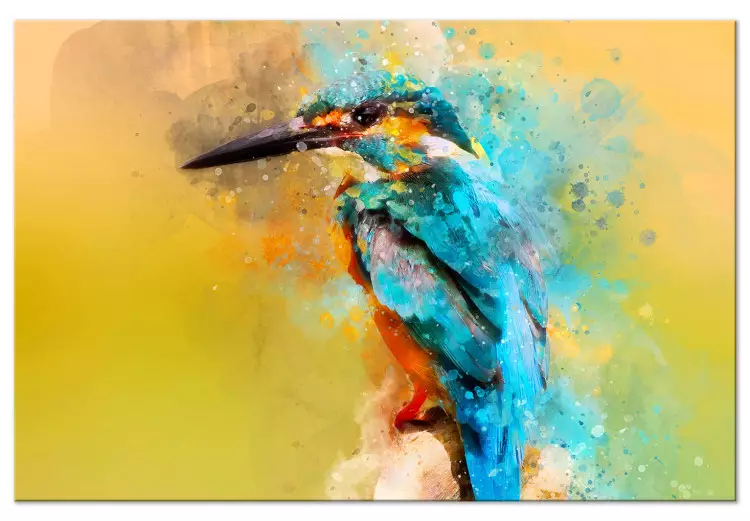 Canvas Print Observer (1-piece) Wide - multicolored bird on a yellow background