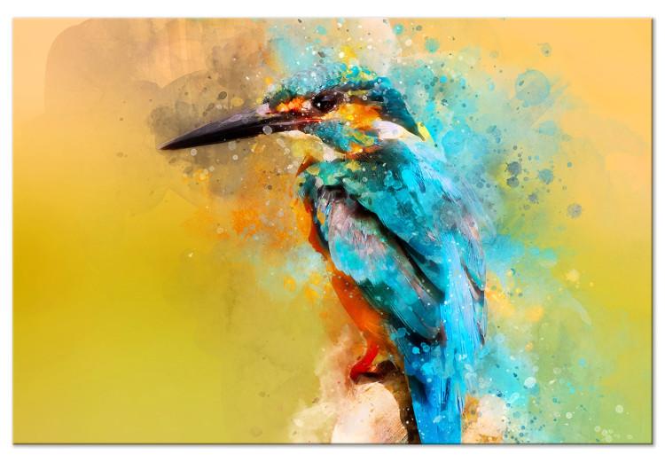 Canvas Print Observer (1-piece) Wide - multicolored bird on a yellow background