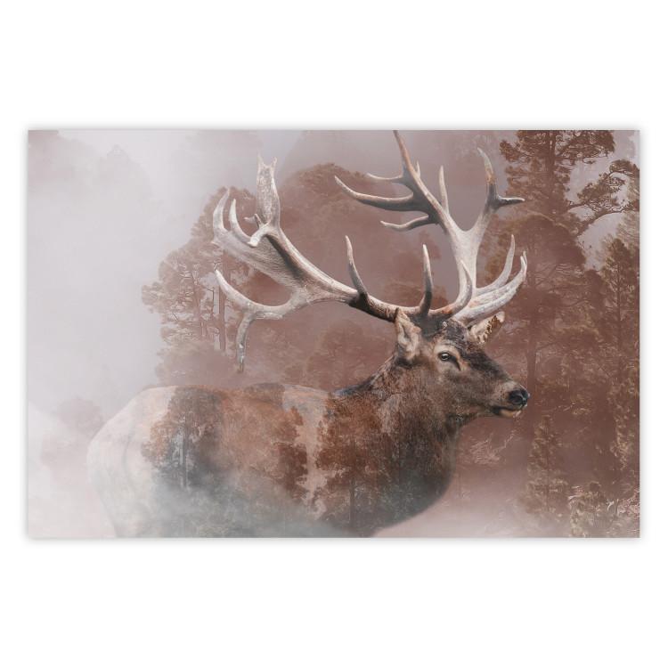 Poster Deer - warm-colored composition with a horned animal against a forest background