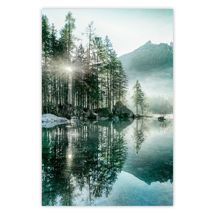Poster Morning by the Lake - lake landscape with trees and sunrise