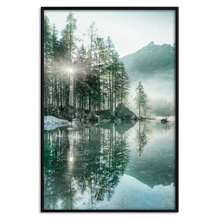 Poster Morning by the Lake - lake landscape with trees and sunrise