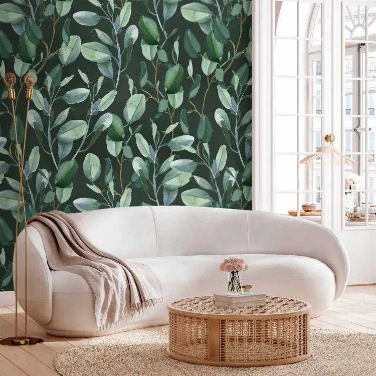 Dance of Leaves - Climbing Leaves in Light Shades on a Dark Green Background