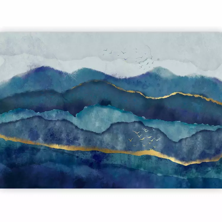 Abstract landscape - blue mountains with birds and golden patterns