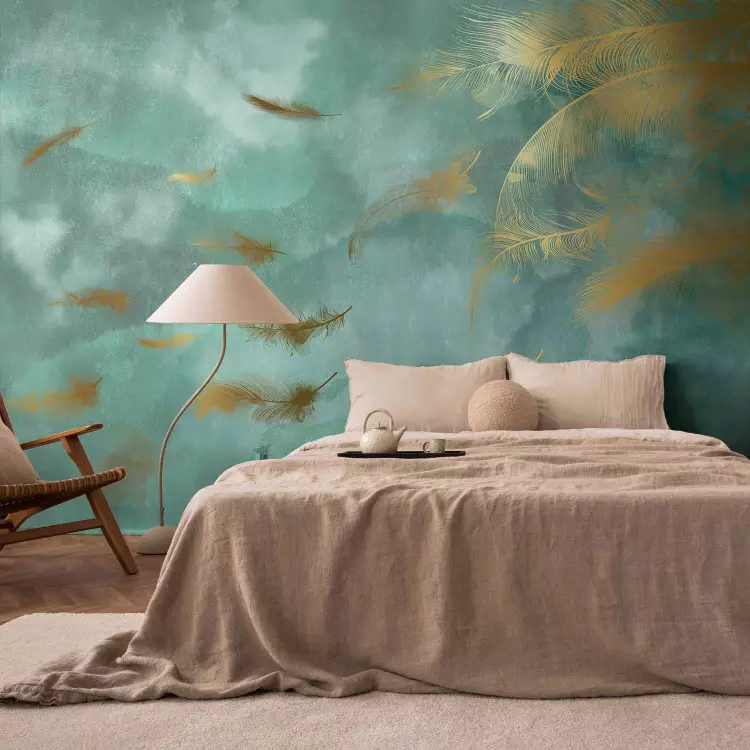 Northern breeze - watercolour composition with golden feathers in the wind
