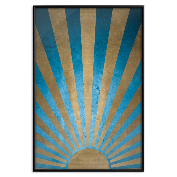 Poster Beyond the Horizon - abstract golden sun with figures on a blue background