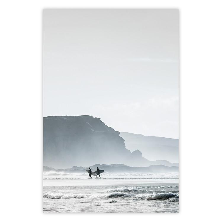 Poster Waiting for the Waves - seascape with large waves and surfers on boards