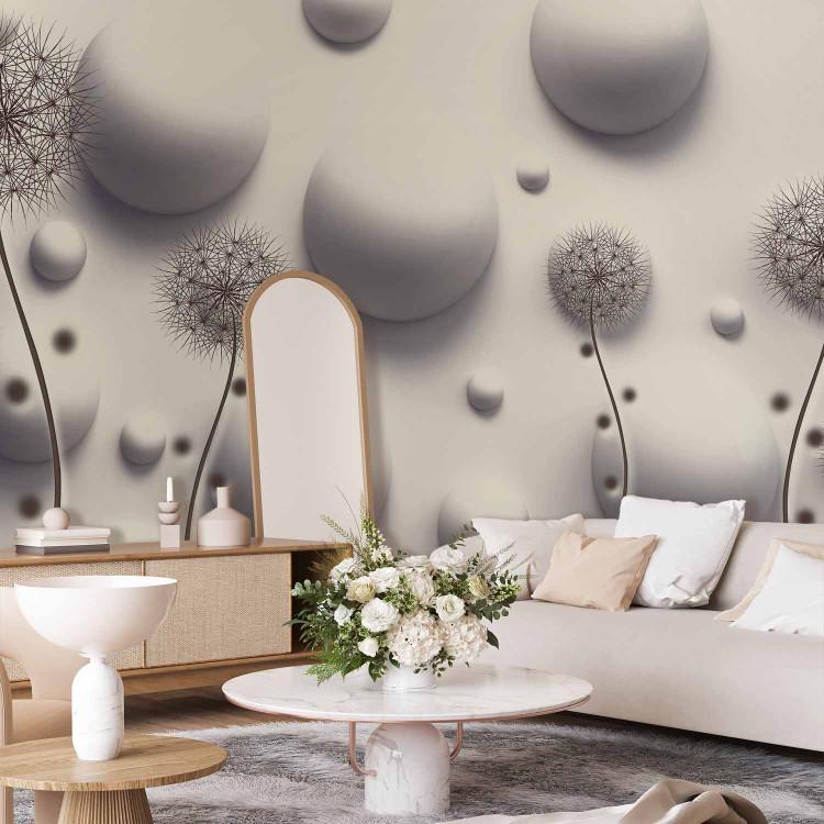 Wall Mural Dandelion and balls - Abstraction with a floral motif in beige colors